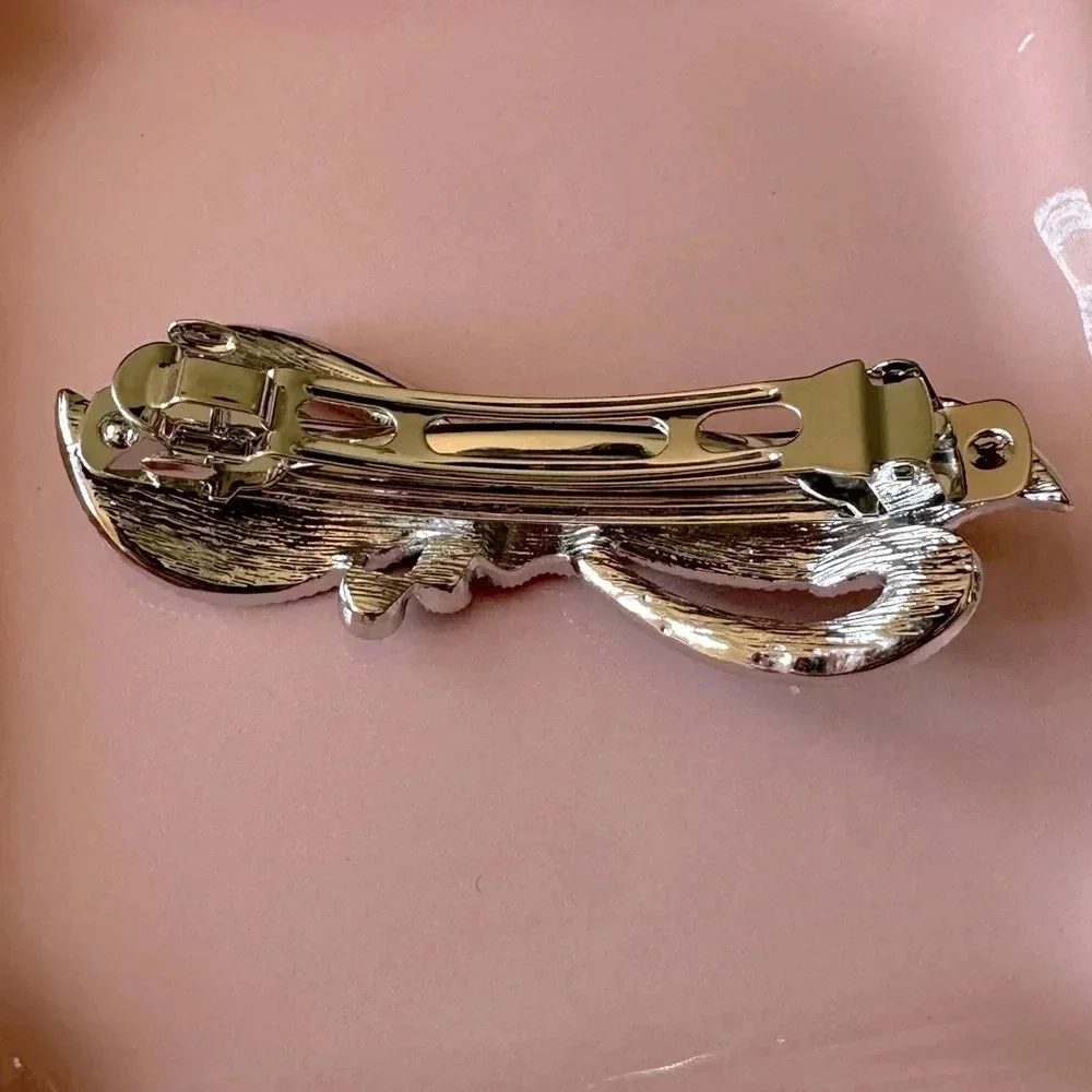 Light Blue Enamel and Crystal Bow & Heart Hair Barrette - Picture 4 of 6